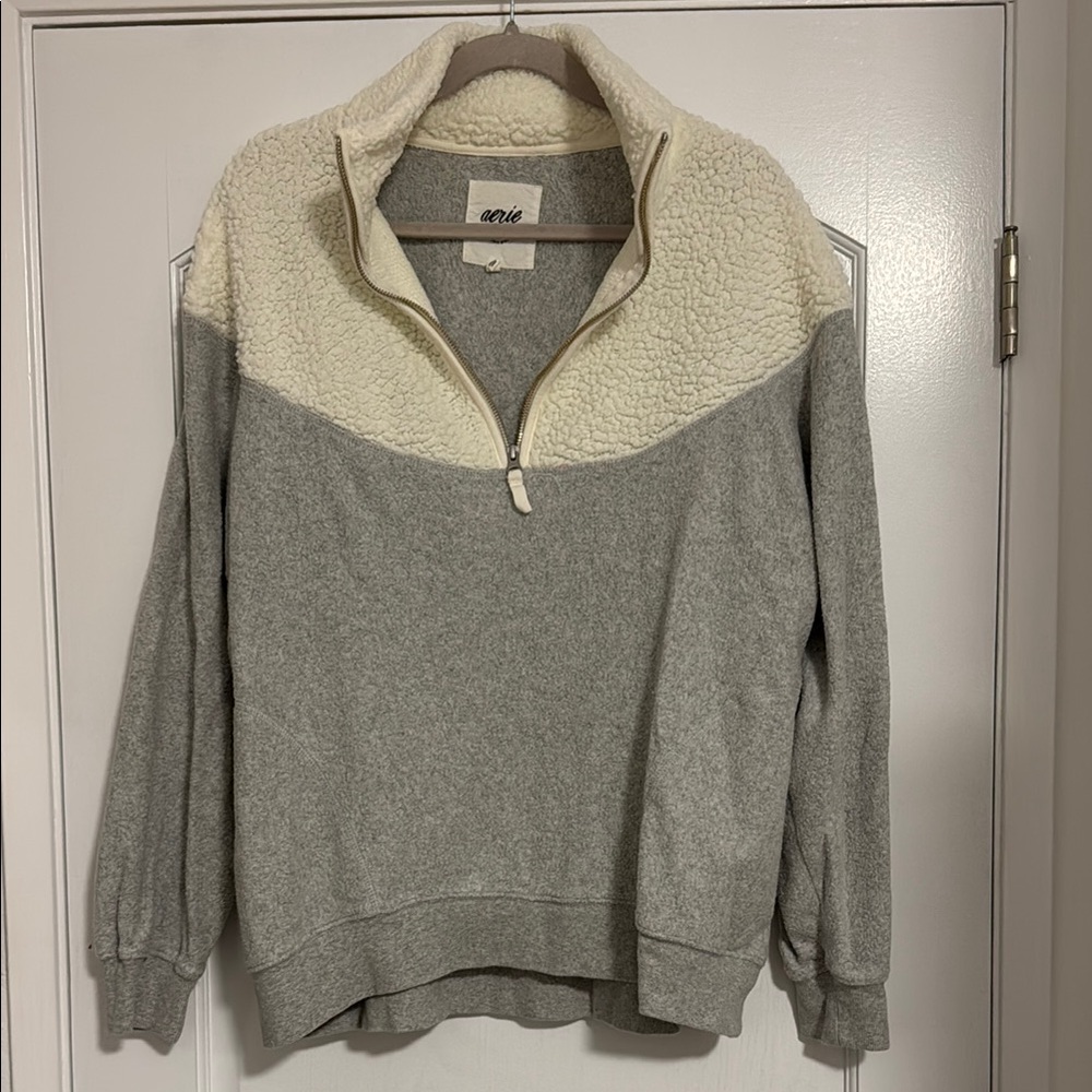 Aerie Gray and Cream Cowl Neck Sweater with Half-Zip